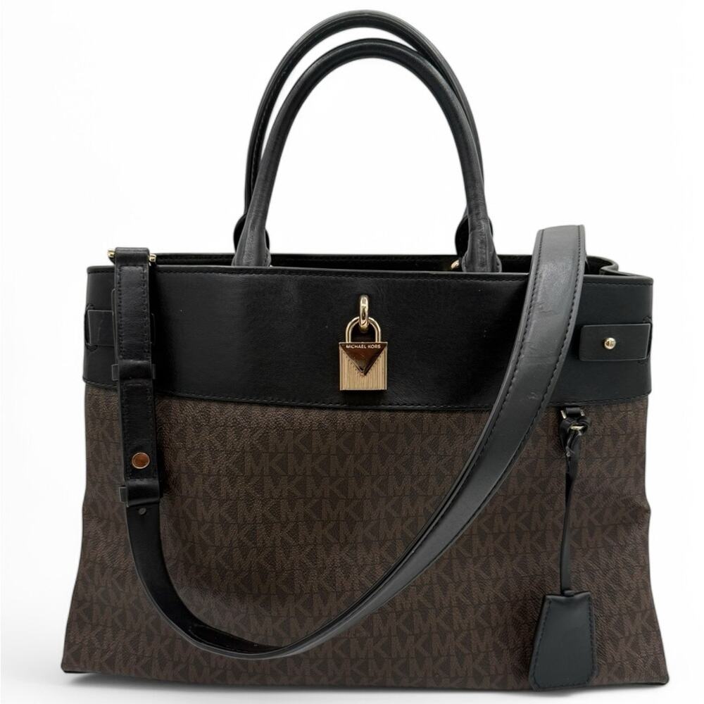 Michael Kors Hamilton Lock Tote Brown MK Monogram Leather Trim Large